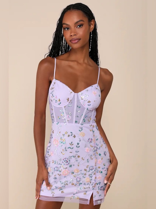 Lulus Dresses & Skirts - Lulu’s Lavender Floral Sequin Mesh Mini Dress
